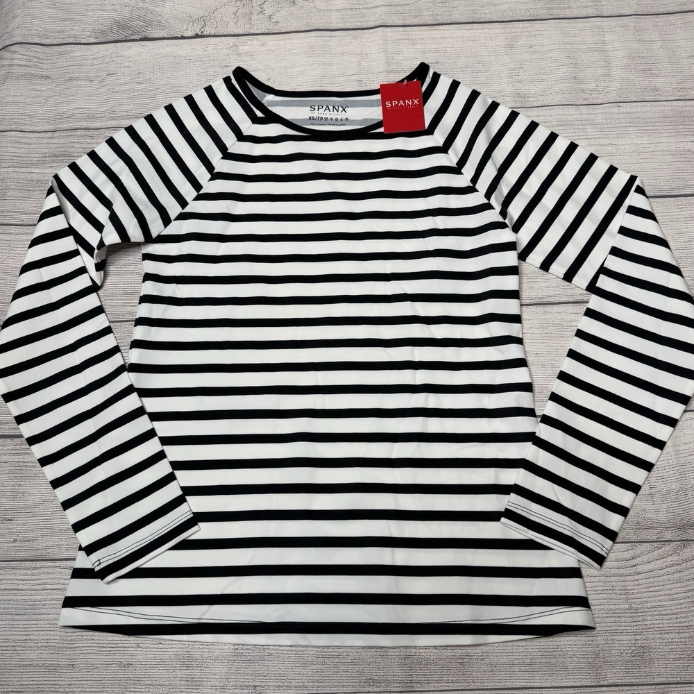 Spanx Striped Swim Shirt Womens Size X-Small XS Black White NWT